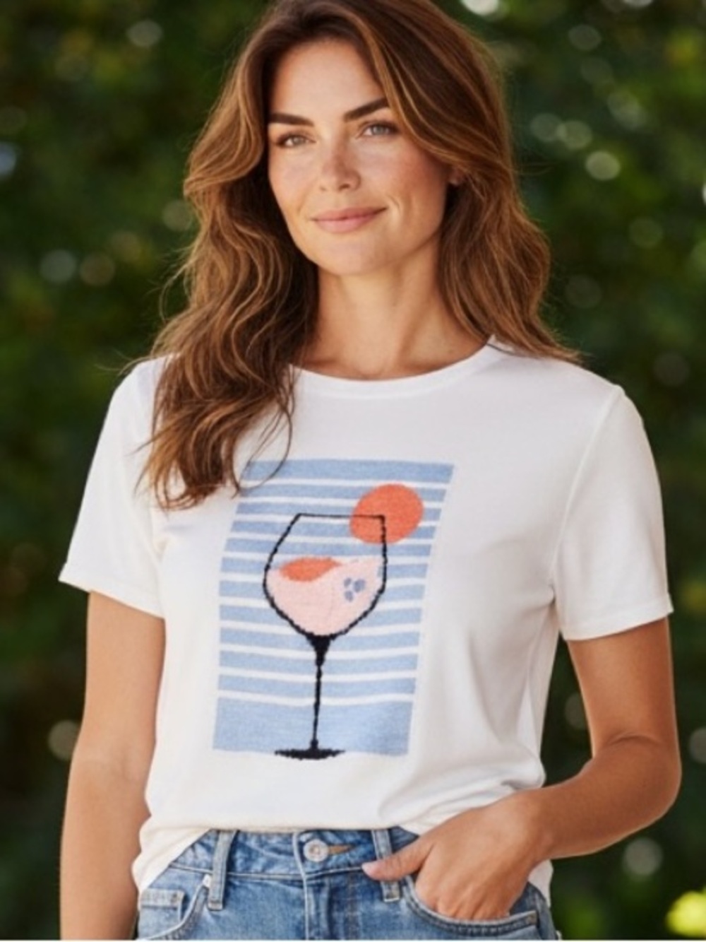 Talbots White Short-Sleeve Tee with Blue Stripe & Pink Wine Glass Graphic size P